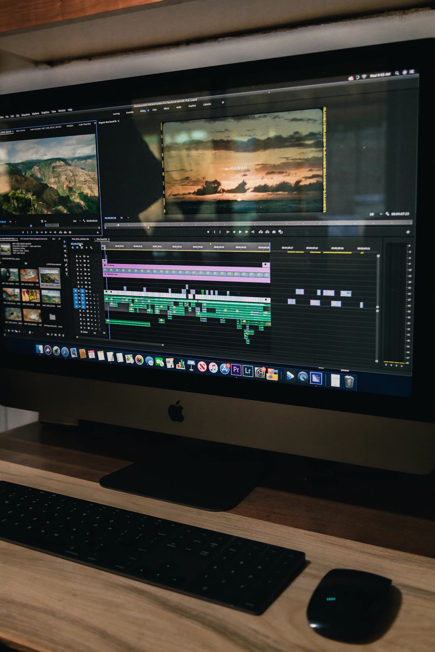 An editing workstation with a large monitor