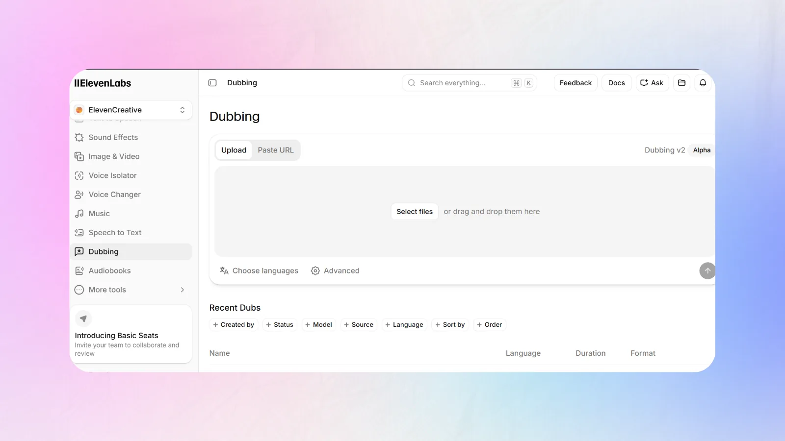 ElevenLabs dubbing studio with per-minute credit usage