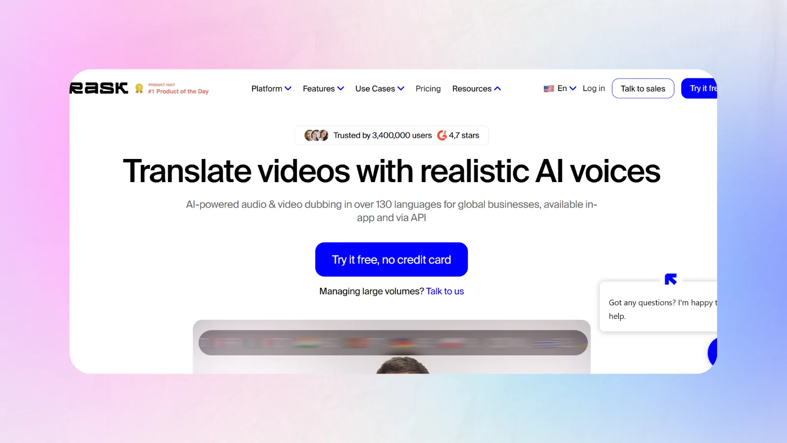 Rask AI dubbing workspace with plan minutes and overage pricing
